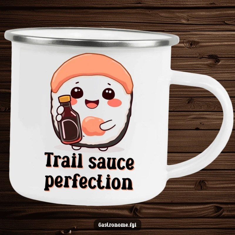 Funny camping mug with a content sushi character beaming while holding a miniature soy sauce bottle, celebrating food outdoors.