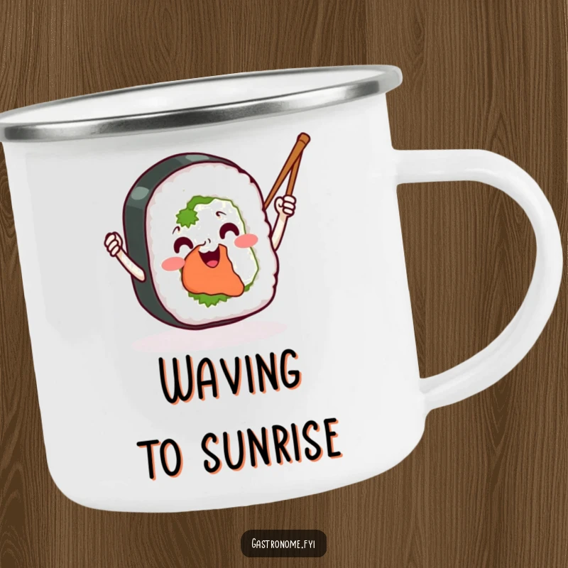 Funny sushi roll camping mug, showing a happy sushi character enthusiastically waving chopsticks like tiny batons, ready for any adventure.