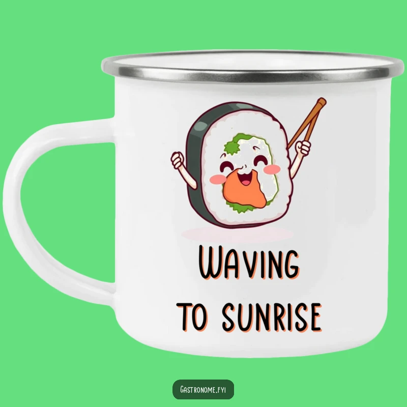Funny Sushi Roll Camping Mug: Adventure-Ready with Waving Chopsticks, Perfect Funny Gift