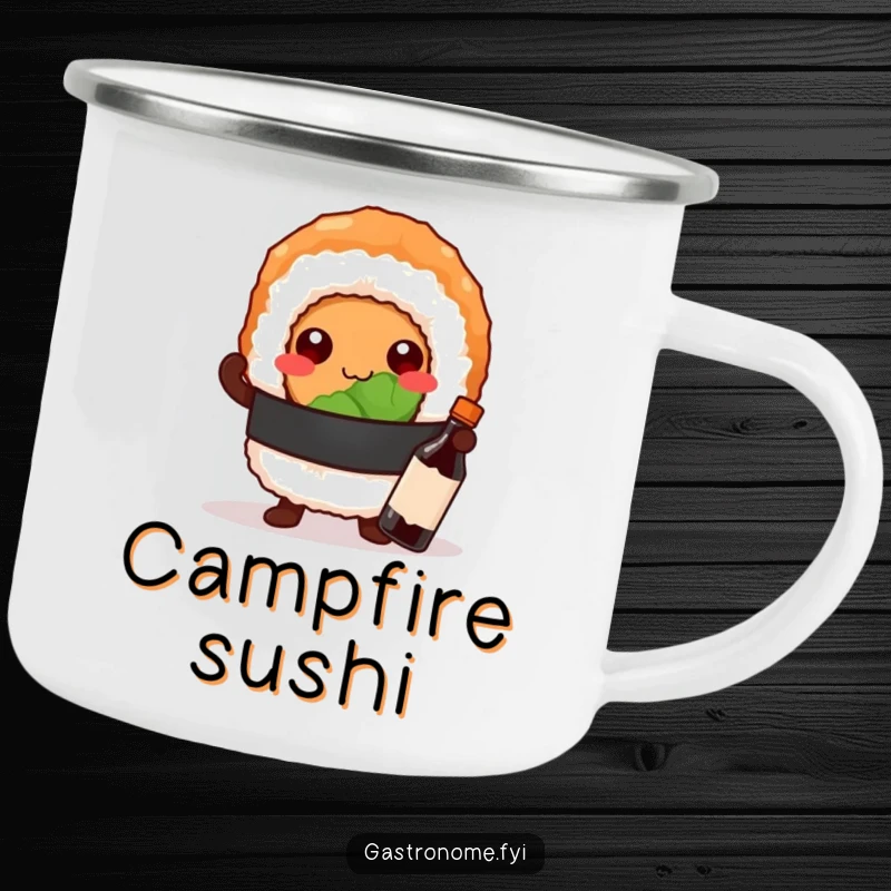 Funny enamel camping mug with a proud sushi roll character posing with a tiny soy sauce bottle, perfect for outdoor meals.