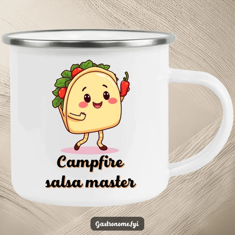 Funny Taco Dance Camping Mug: Smiling Taco Character Salsa Dancing with a Spicy Pepper, Humorous Outdoor Fiesta Drinkware