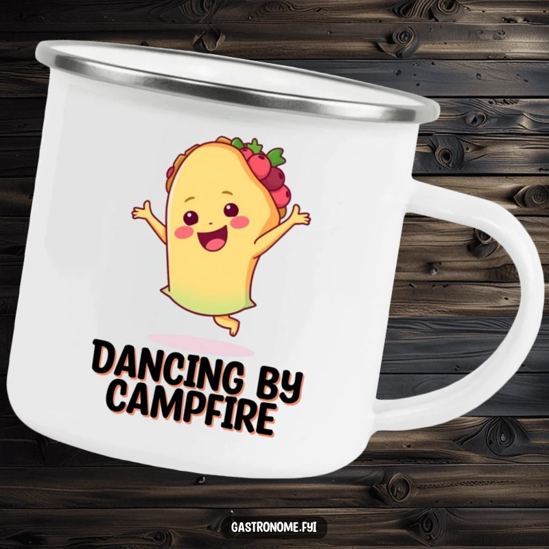 Funny taco camping mug, showing a happy taco performing a joyful salsa dance, ready for outdoor fiestas and fun.
