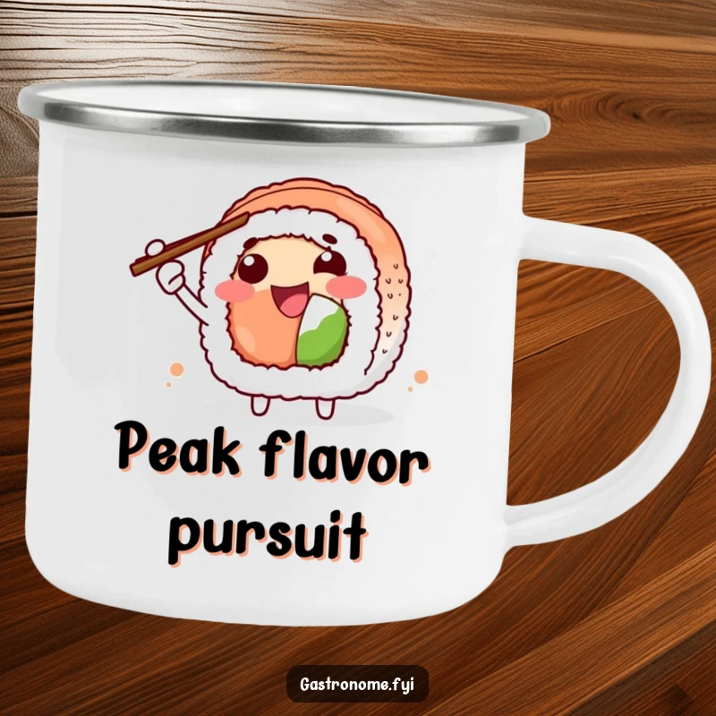 Funny Camping Mug featuring a joyful sushi roll character enthusiastically gesturing with chopsticks. Durable and humorous for outdoor use.