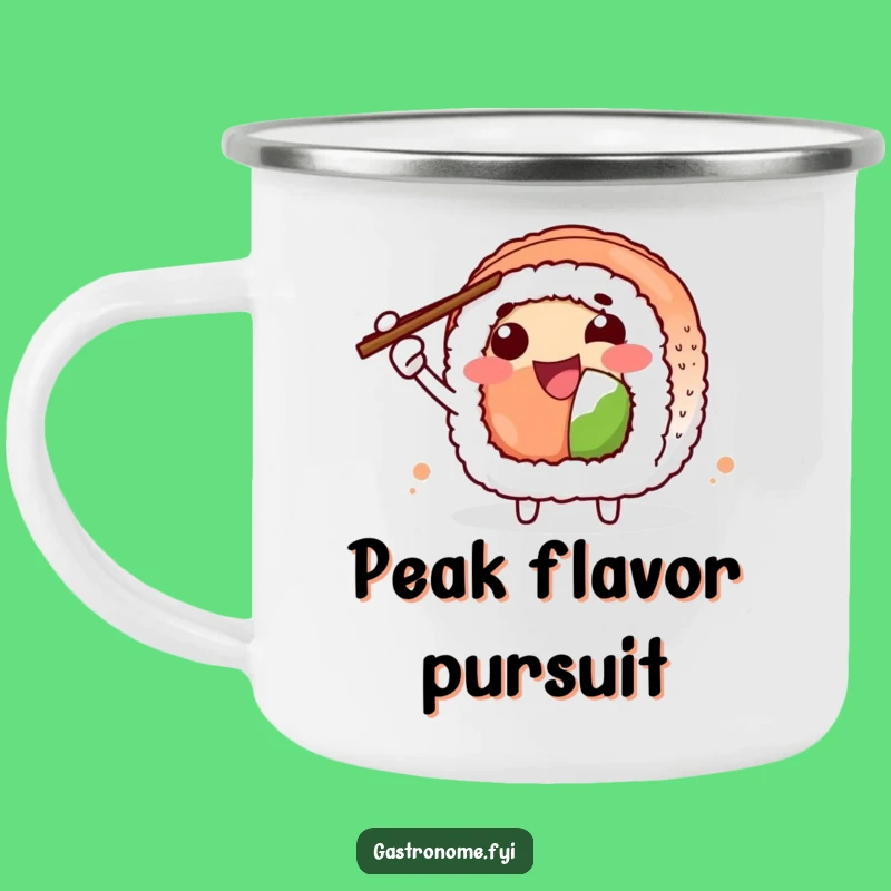 Funny Sushi Roll Camping Mug: Joyful Character, Rustic Humorous Outdoor Gift