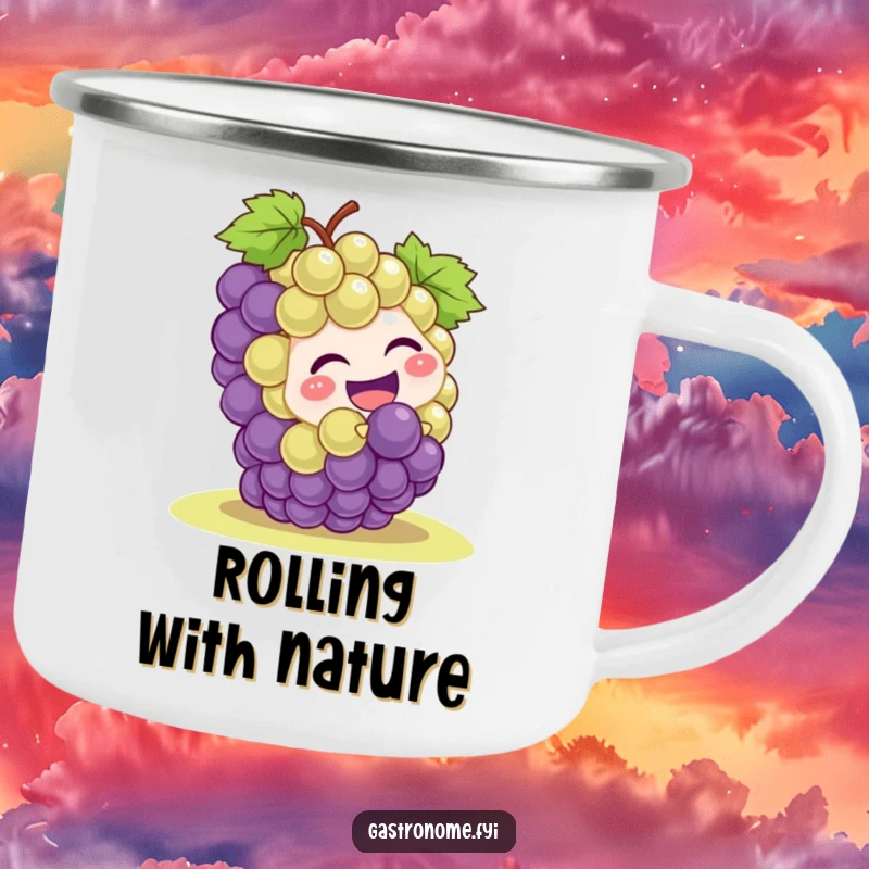 Funny grape cluster character playfully rolling downhill, depicted on a rugged camping mug, ready for outdoor fun and laughter.