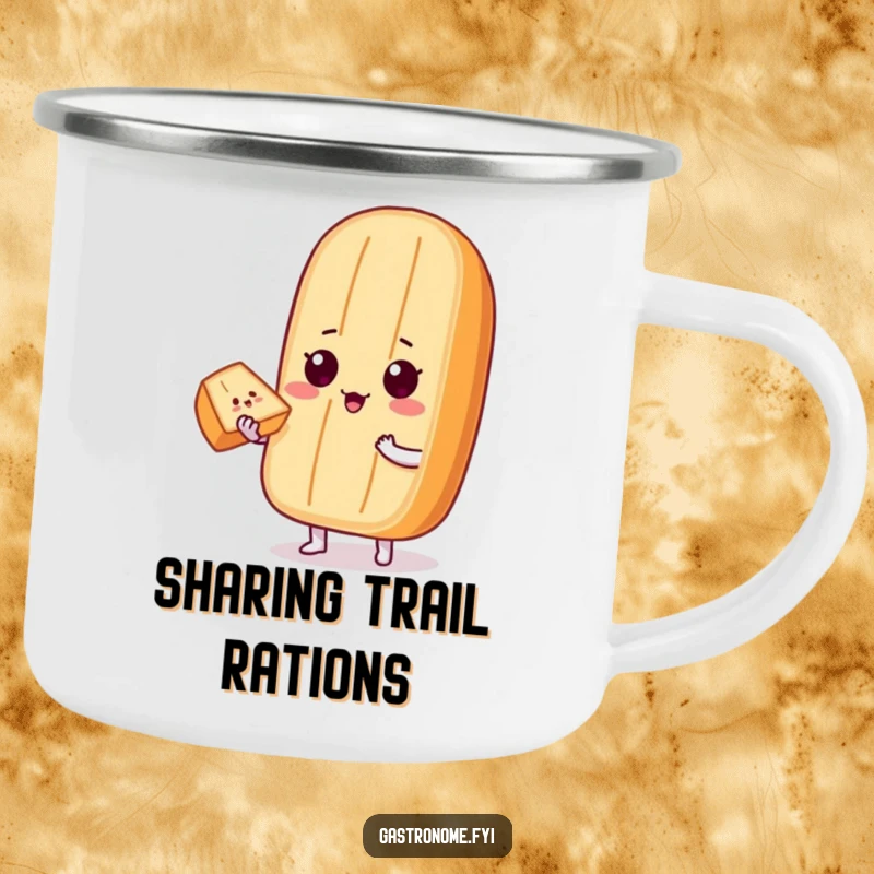 Funny Camping Mug: A proud baguette character offers a perfect slice of bread, perfect for enjoying drinks outdoors, funny gift.