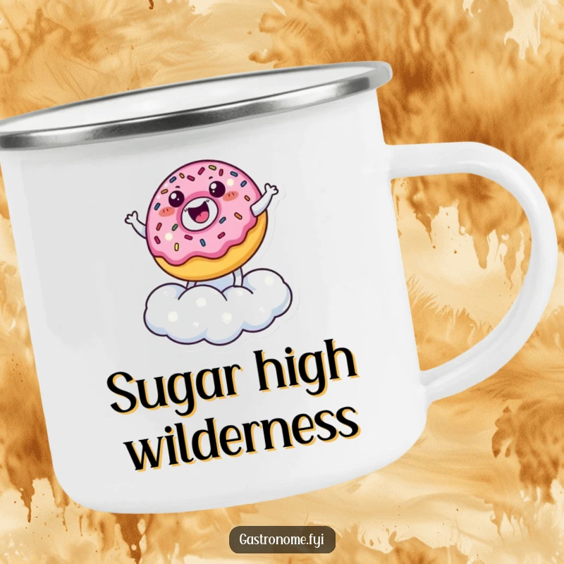 Funny Camping Mug: A happy donut character with sprinkles bounces on a sugar cloud, perfect for enjoying drinks outdoors, funny gift.
