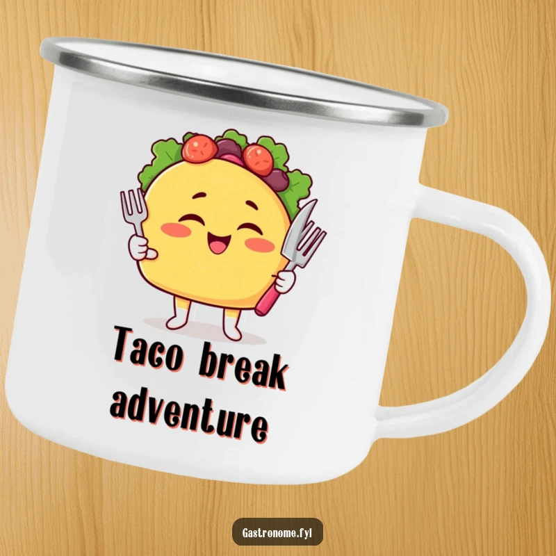 Funny Taco Camping Mug with a winking taco character holding cutlery, durable for adventures.