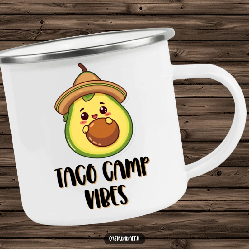 Funny Camping Mug with a curious taco character in a sombrero, peeking from behind a giant avocado. Durable and humorous.