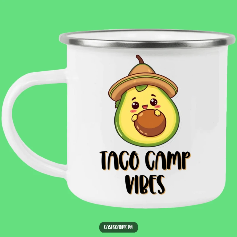 Funny Taco Avocado Camping Mug: Curious Character, Humorous Outdoor Fiesta Gift