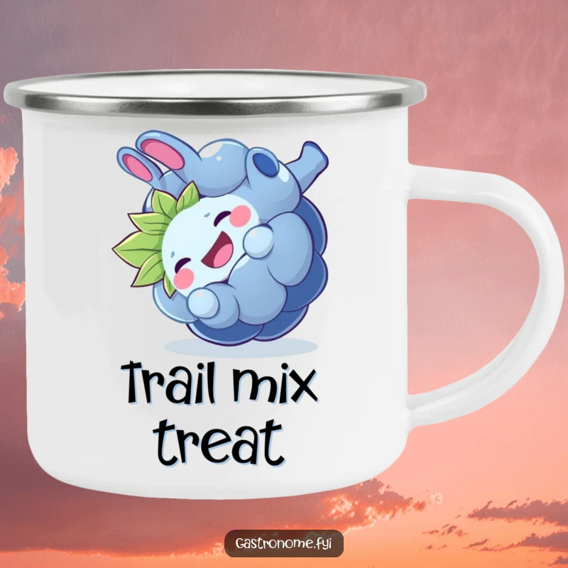 Funny giggling blueberry camping mug, durable drinkware featuring a playful fruit character doing a somersault, perfect for humorous outdoor enjoyment.