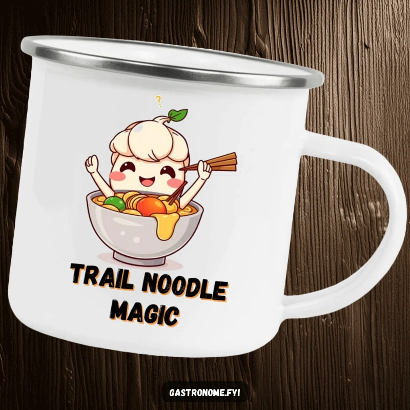 Funny camping mug with a smiling ramen bowl character juggling chopsticks, perfect for outdoor dining and humor.