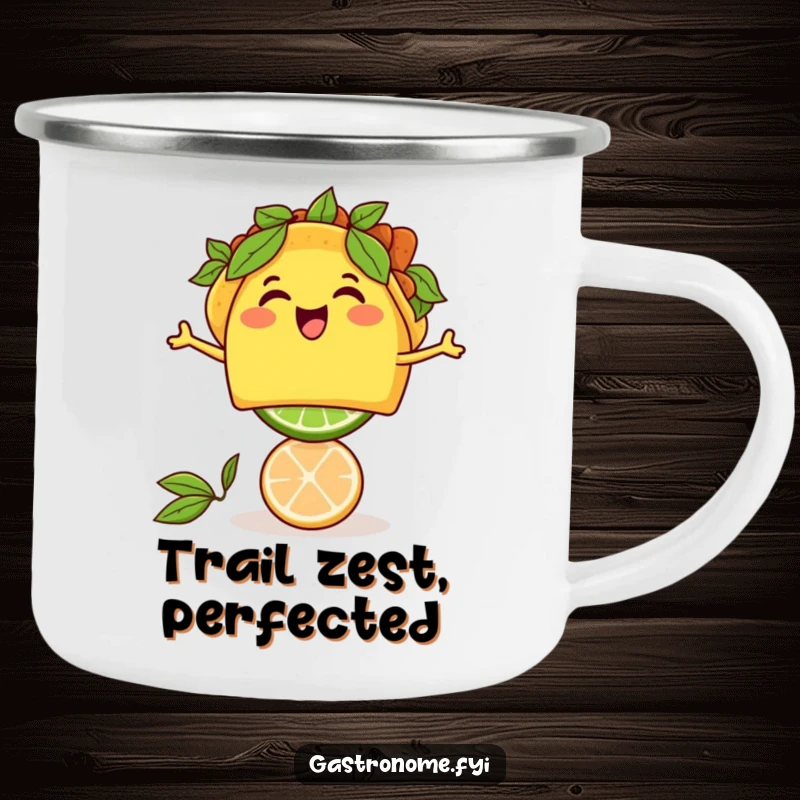 Funny thrilled taco character balancing a lime, ready for outdoor fun on a durable camping mug.
