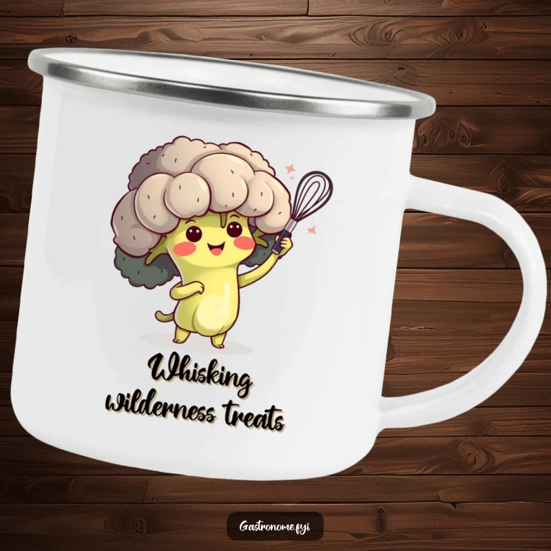 Funny camping mug with a happy broccoli character performing a dramatic whisk flourish, perfect for outdoor chefs.