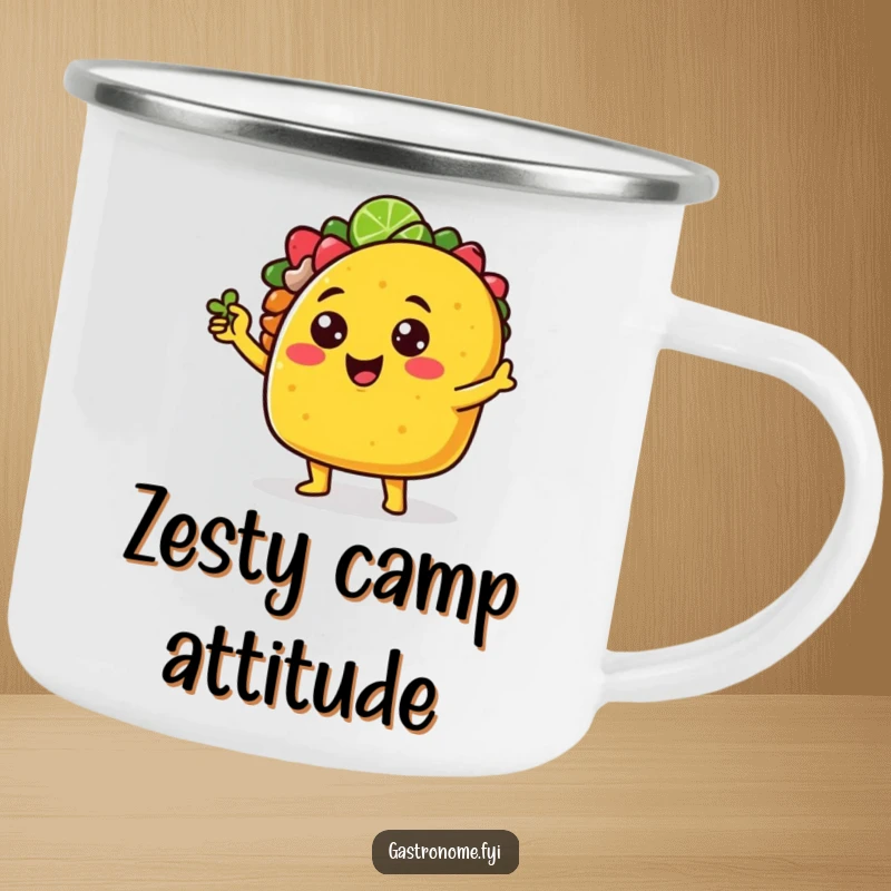 Funny cheerful taco character camping mug striking a sassy pose with a tiny lime wedge, perfect for enjoying drinks with outdoor humor.