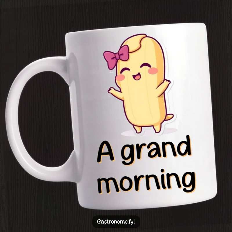 Funny mug featuring a cheerful baguette character taking a dramatic bow with a flourish, embodying theatrical delight.