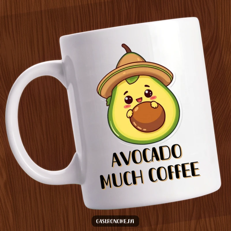 Funny Mug featuring a curious taco character wearing a sombrero, peeking from behind a giant avocado. Hilarious Mexican food theme.