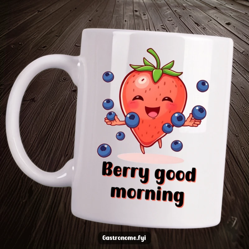Funny mug with a smiling strawberry character gleefully juggling small blueberries, celebrating a vibrant and fruity moment.