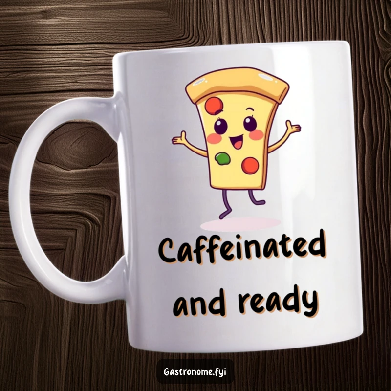 Funny mug featuring a lively pizza slice character doing a joyful dance, celebrating delicious food and happy moments.
