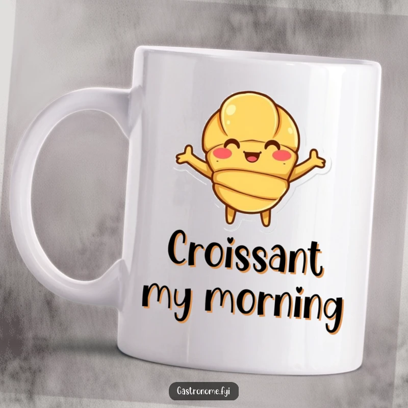 Funny Croissant Mug featuring a smiling croissant character with open arms, ready for a hug.