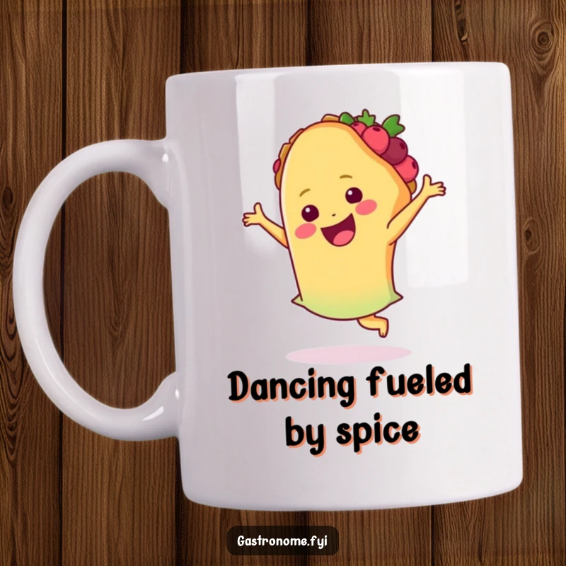 Funny taco mug, smiling wide, performing a joyful salsa dance, bringing fiesta vibes and humor to your kitchen collection.