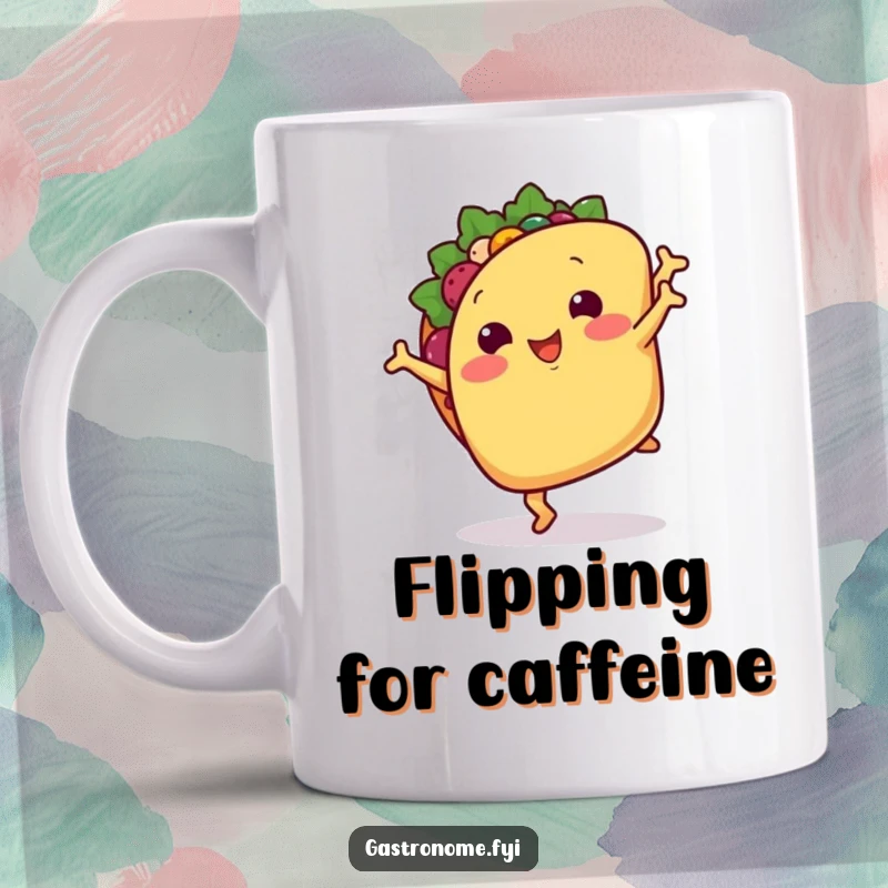 Funny mug: A smiling taco with tiny arms performing a cartwheel, celebrating Mexican food and active fun.