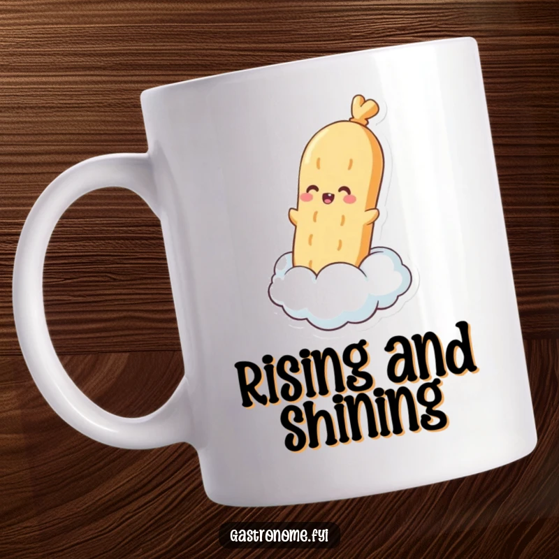 Funny mug showing a pleased baguette character happily floating upwards on a fluffy steam cloud, embodying delicious, lighthearted joy.