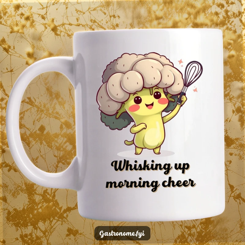 Funny mug with a happy broccoli character performing a dramatic flourish with a tiny whisk, symbolizing culinary flair.
