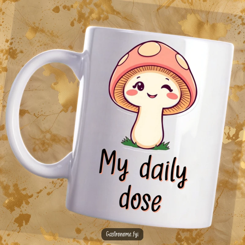Funny cheeky mushroom mug, a smiling, winking fungi character adding a touch of playful and humorous charm to your drink.