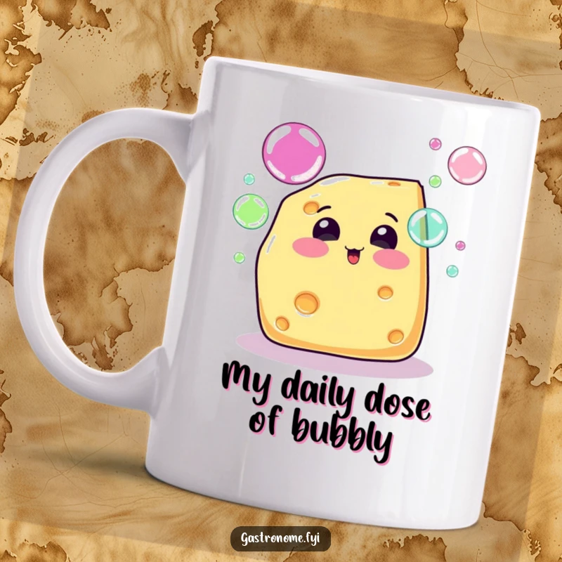 Funny cheese wedge character joyfully blowing rainbow-colored bubbles on a mug. A delightful and humorous gift.