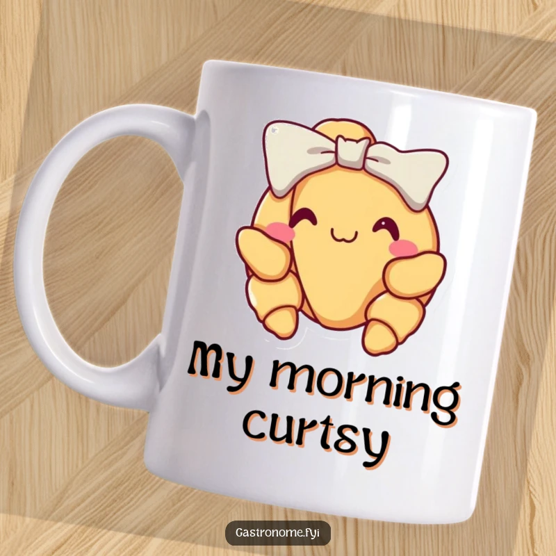 Funny croissant mug, smiling elegantly, performing a proud little bow, adding Parisian charm and humor to your morning routine.