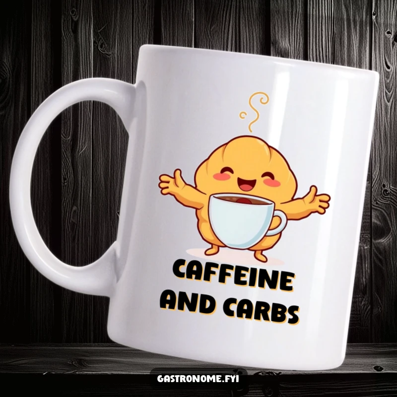 Funny Mug featuring a happy croissant character with arms outstretched, embracing a steaming coffee cup. Warm and humorous morning design.