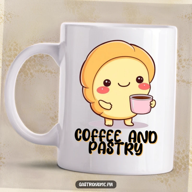 Funny mug featuring a smiling croissant character holding a tiny cup of coffee, looking cheerful and ready to serve.