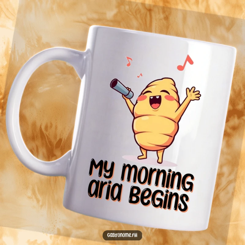 Funny croissant character singing opera loudly with a dramatic expression on a ceramic coffee mug, perfect for gifting.