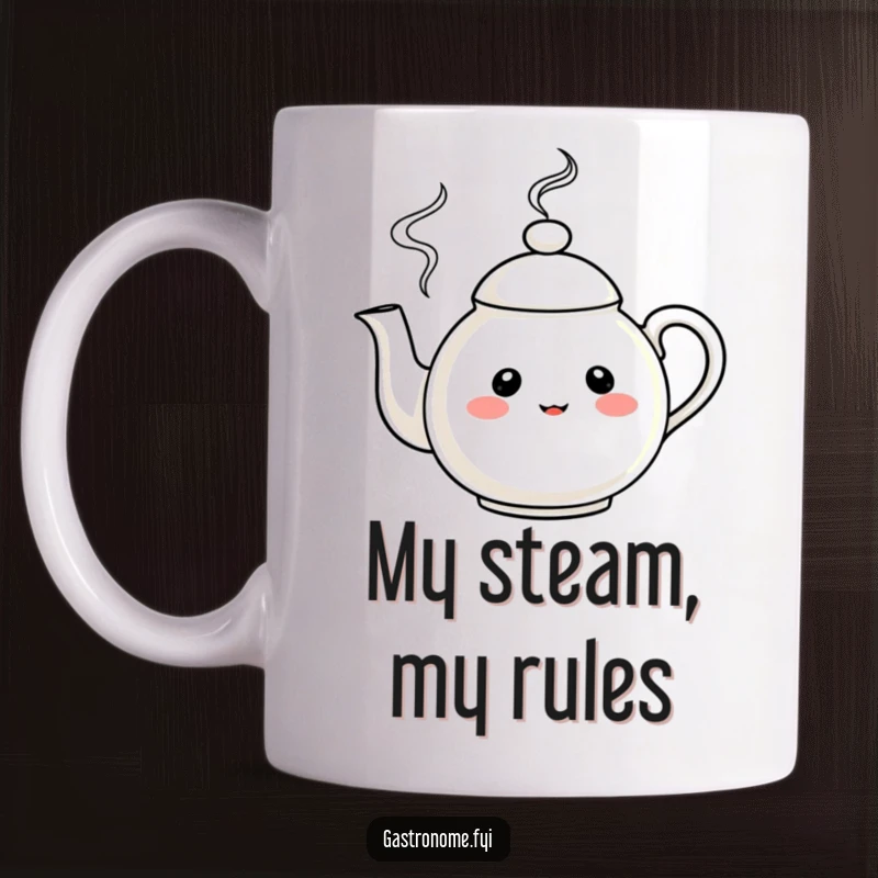 Funny Ceramic Mug featuring a curious teapot character with cheerful steam swirling, ideal for a humorous gift.