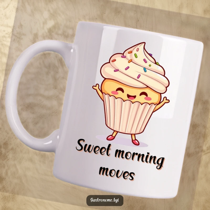 Funny dancing cupcake mug, joyfully grooving with sprinkles, symbolizing sweet moments and pure, unadulterated dessert-themed happiness.