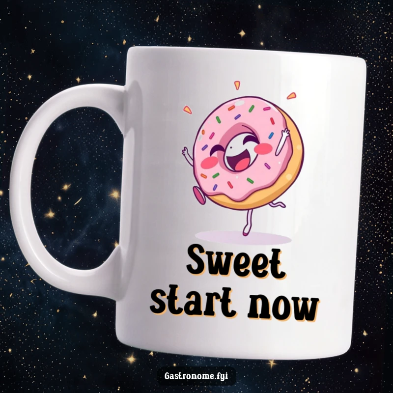 Funny mug featuring a giggling donut character covered in colorful sprinkles, performing a cartwheel with a happy, energetic expression.