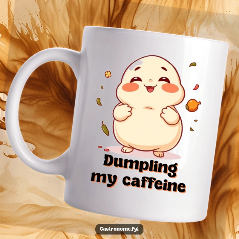 Funny Dumpling Mug featuring a giggling dumpling character juggling spices, perfect for tea or coffee.