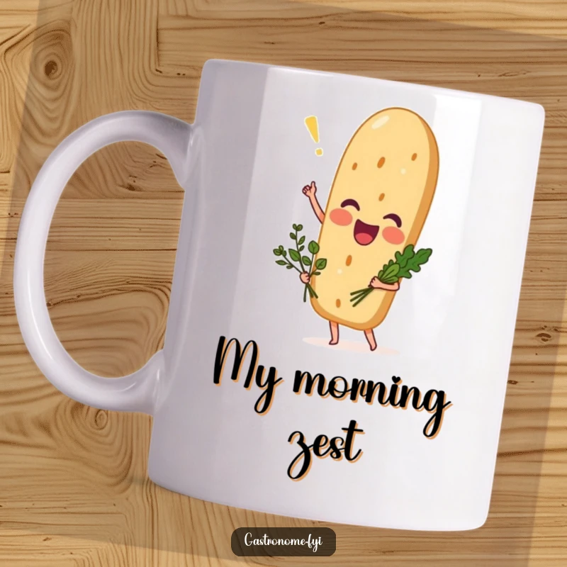 Funny baguette mug with exciting bread character holding small herb bouquet, a gourmet's delightful and humorous coffee companion.