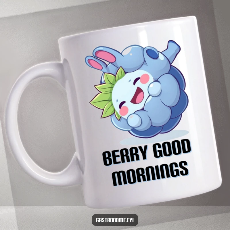 Funny giggling blueberry mug, a cheerful fruit character doing a playful somersault, perfect for a humorous and joyful drink.