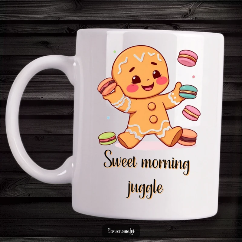 Funny smiling gingerbread man character playfully juggling tiny colorful macarons on a ceramic coffee mug, a delightful gift idea.