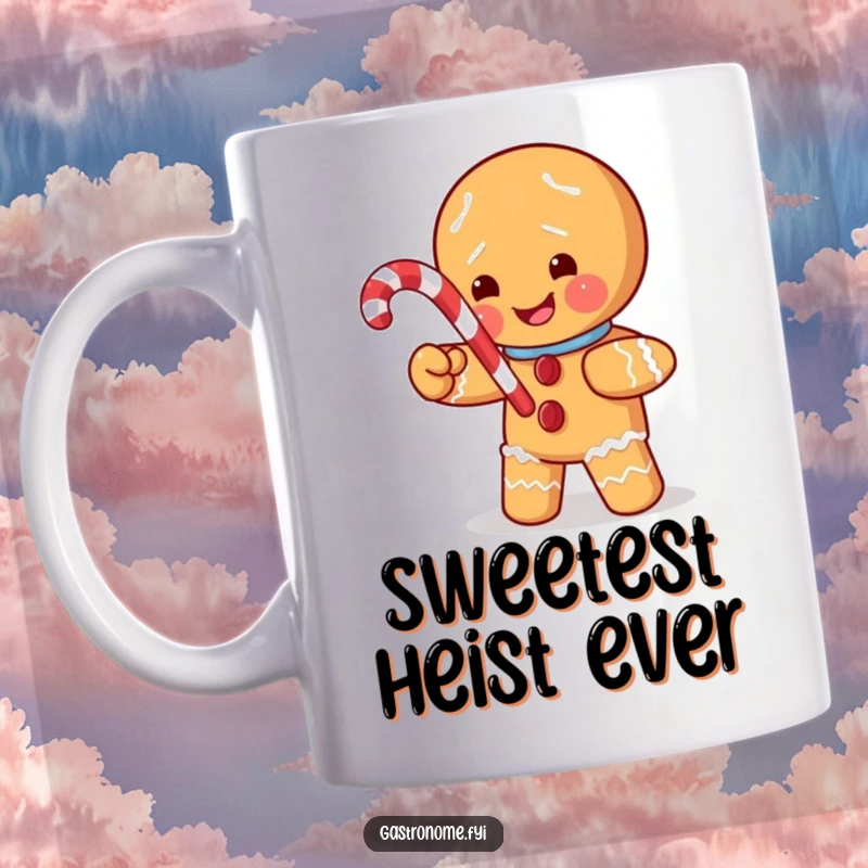 Funny mug showing a mischievous gingerbread man character sneaking a tiny candy cane, embodying playful holiday antics.