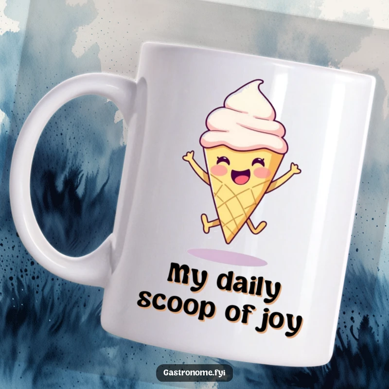 Funny ice cream cone character in mid-air leap, spreading joy and sweetness on a mug. Perfect for a playful gift.