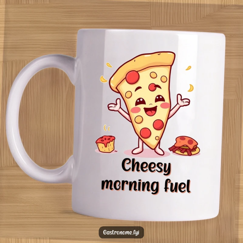 Funny mug of a happy pizza slice character with a cheesy grin enthusiastically gesturing towards a giant feast, expressing hunger.