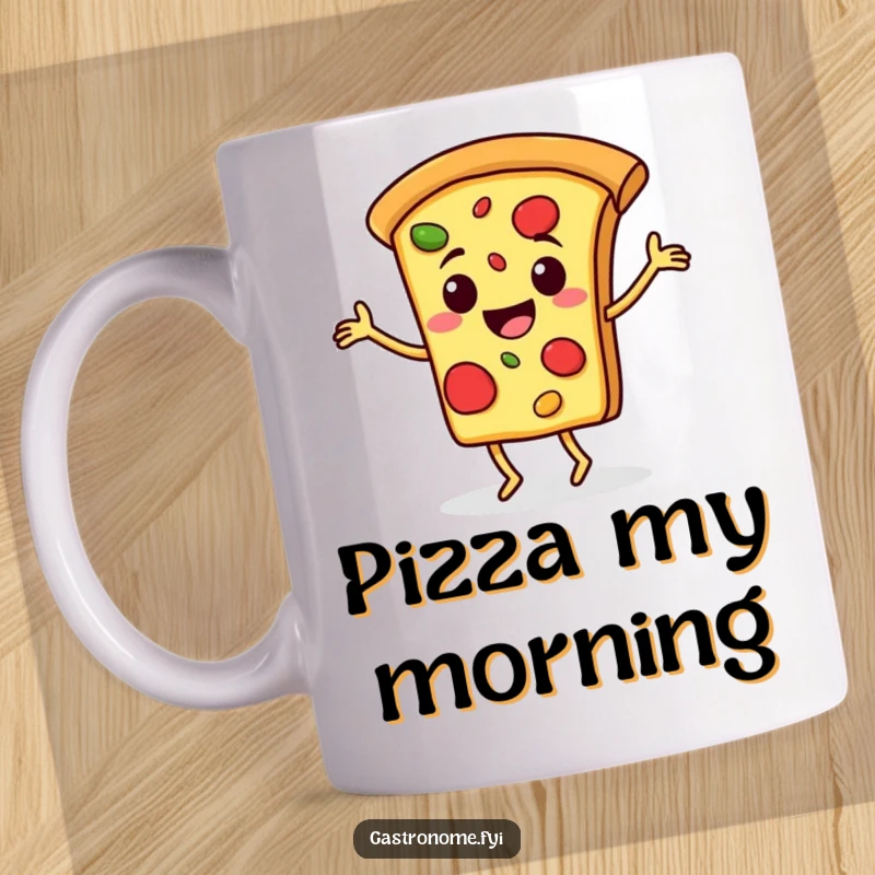 Funny mug featuring a cheerful pizza slice character with a big smile, enthusiastically doing a happy jig, full of cheesy delight.