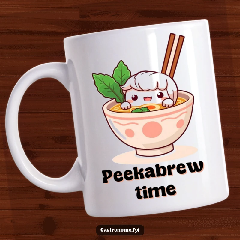 Funny Mug: A curious ramen bowl character with noodles peeks over the edge of its steaming, broth-filled body, looking inquisitive.