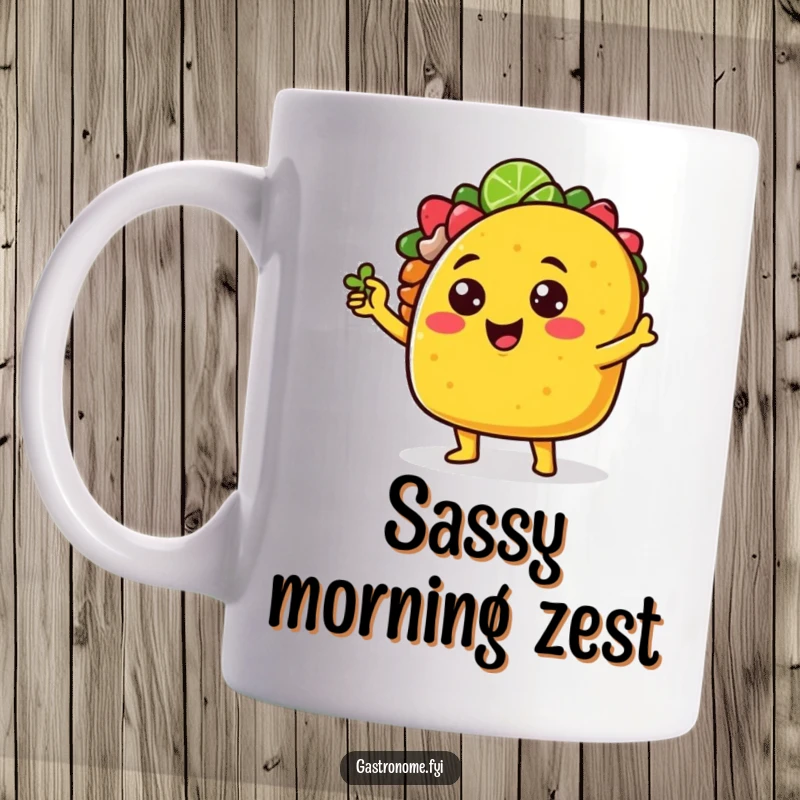 Funny cheerful taco character mug striking a sassy pose with a tiny lime wedge, exuding confidence and flavor.