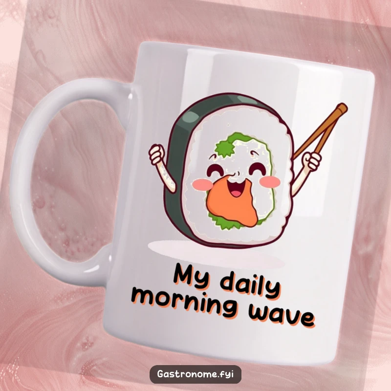 Funny sushi roll mug with a beaming face, enthusiastically waving chopsticks like tiny batons, bringing joy and humor to your kitchen.