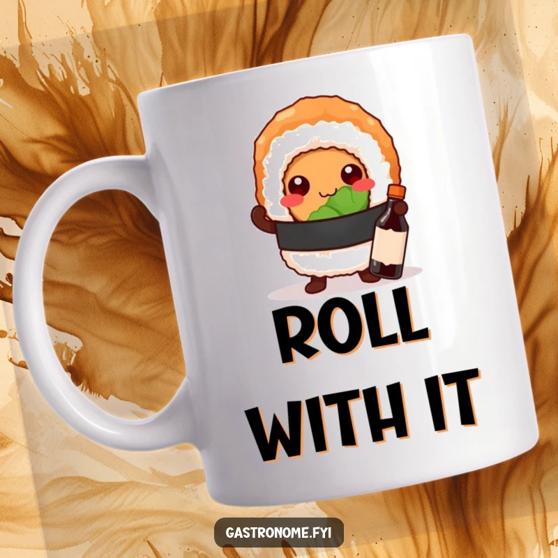 Funny mug featuring a proud sushi roll character striking a pose with a tiny soy sauce bottle, radiating confidence and flavor.