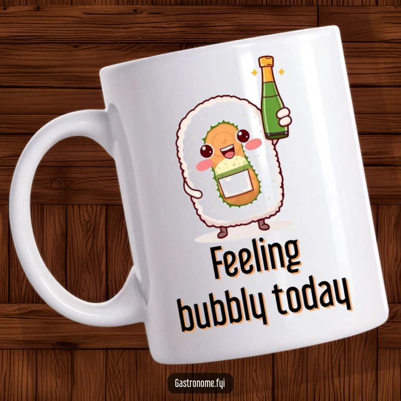 Funny mug with a sushi roll character proudly offering a mini sparkling wine bottle, perfect for celebrations.